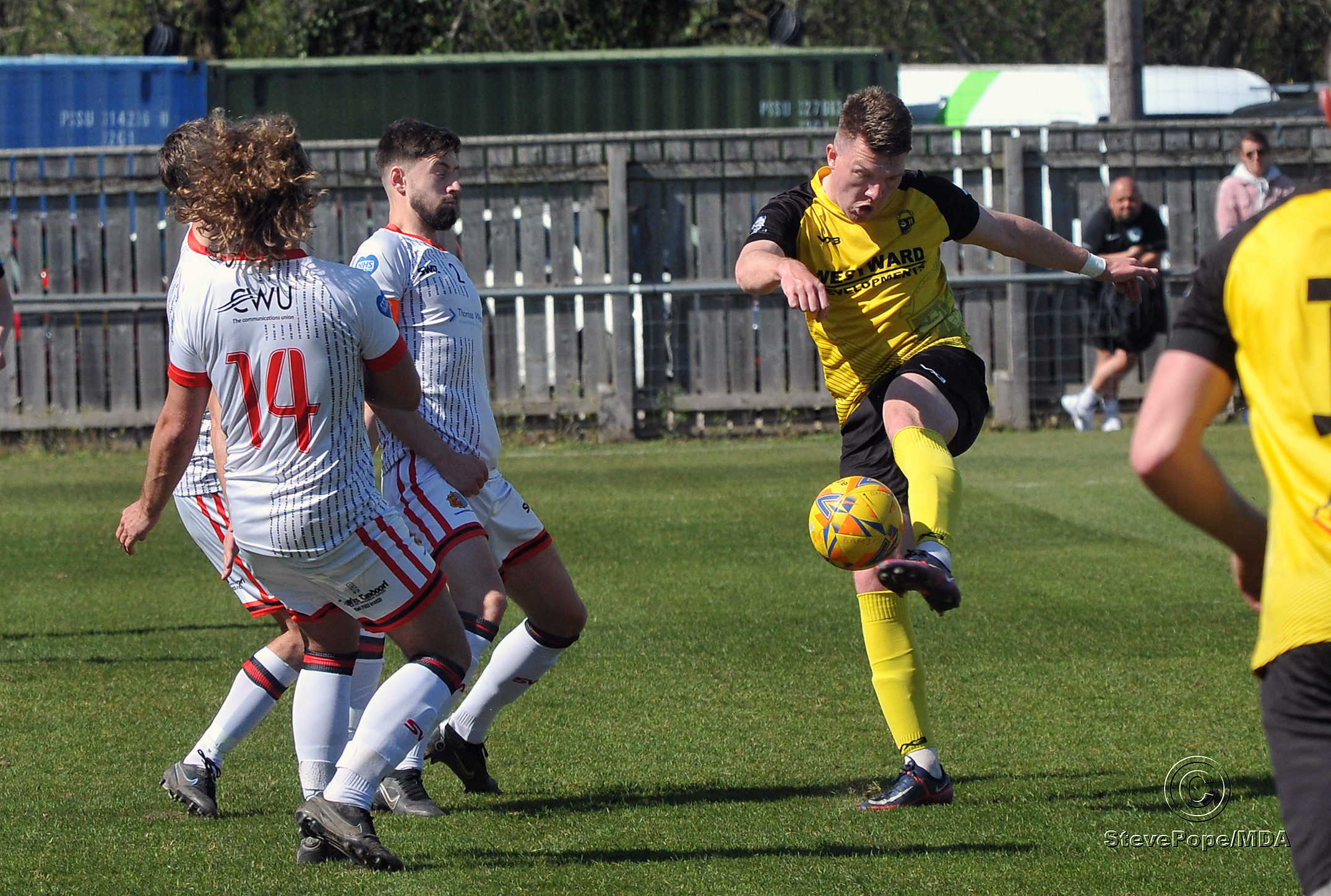 Action from Buckland Athletic’s hard-fought 0-0 draw at home to Tavistock on Good Friday.