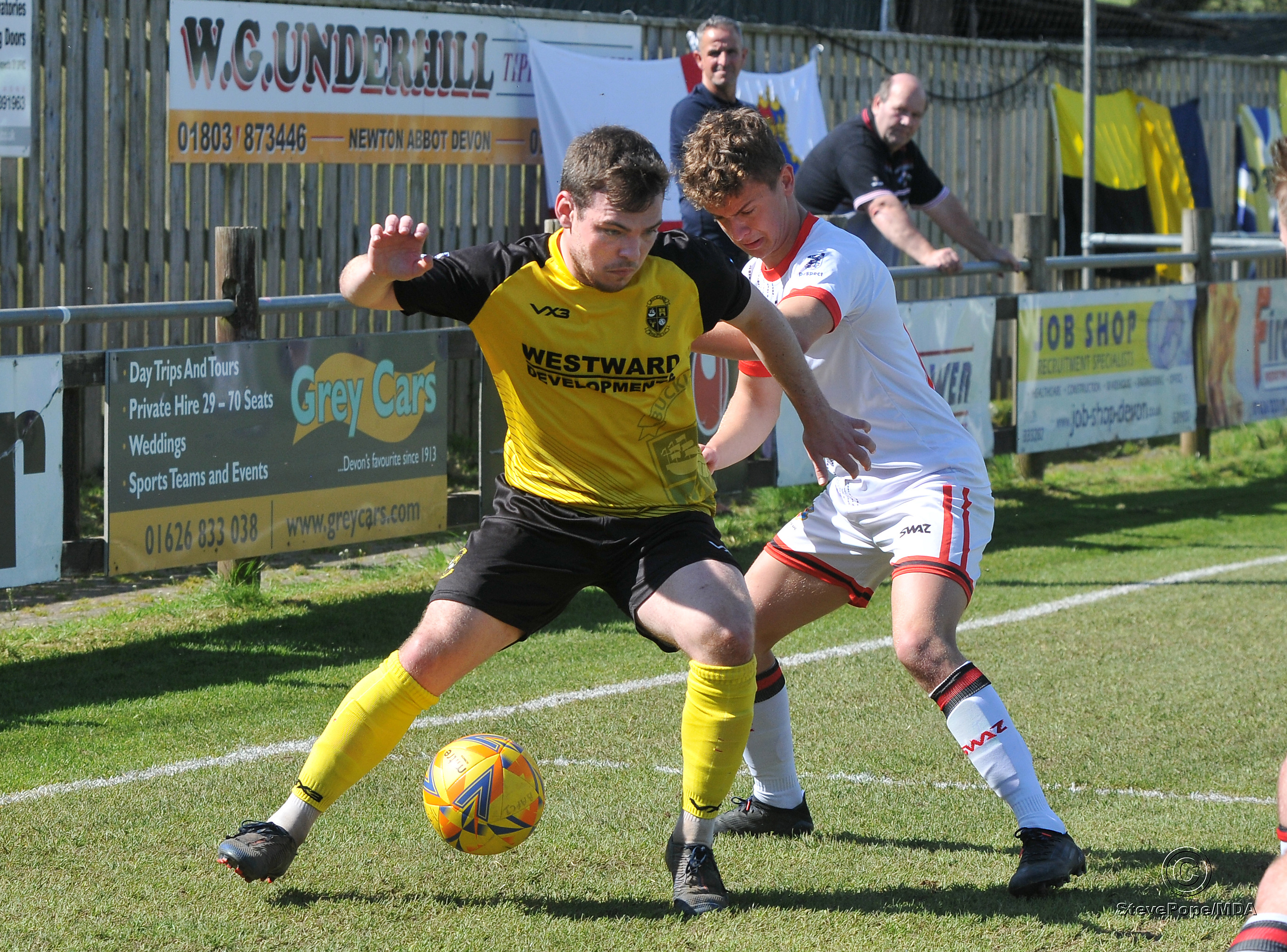 Action from Buckland Athletic’s hard-fought 0-0 draw at home to Tavistock on Good Friday.