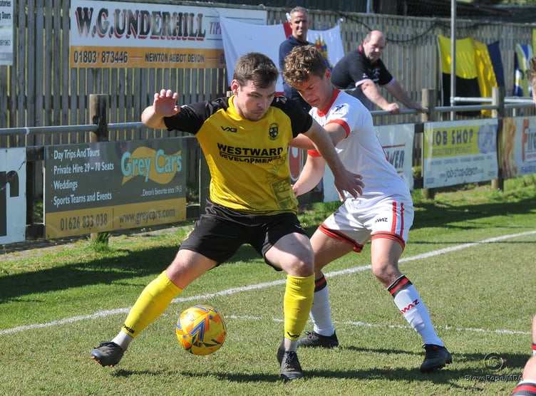 Action from Buckland Athletic’s hard-fought 0-0 draw at home to Tavistock on Good Friday.