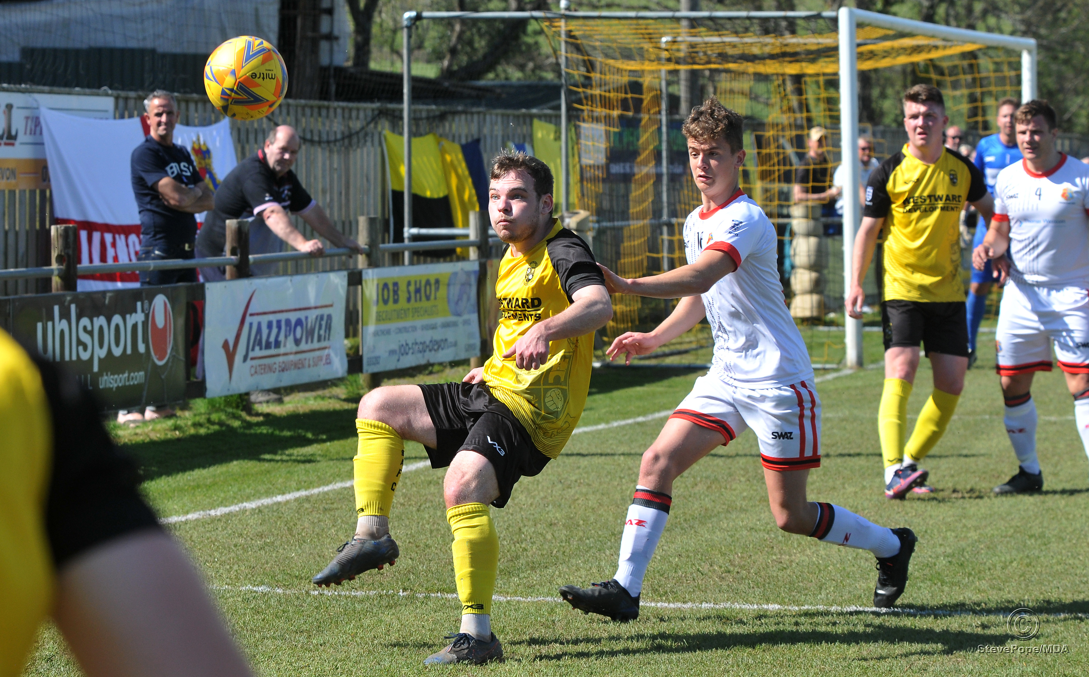 Action from Buckland Athletic’s hard-fought 0-0 draw at home to Tavistock on Good Friday.