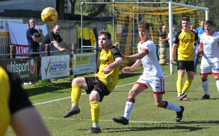 Action from Buckland Athletic’s hard-fought 0-0 draw at home to Tavistock on Good Friday.