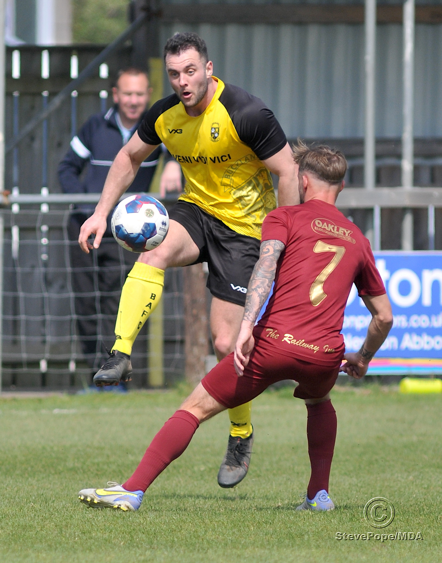 Action from Buckland Athletic Reserves’ 2-0 defeat at home to Mount Gould on Saturday.