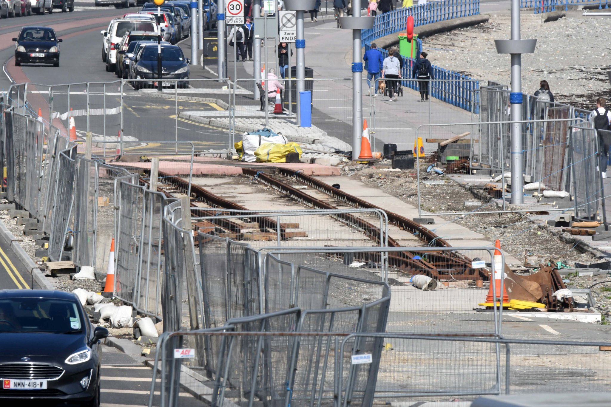 Ongoing work on the horse tram tracks at Broadway on Douglas Promenade -