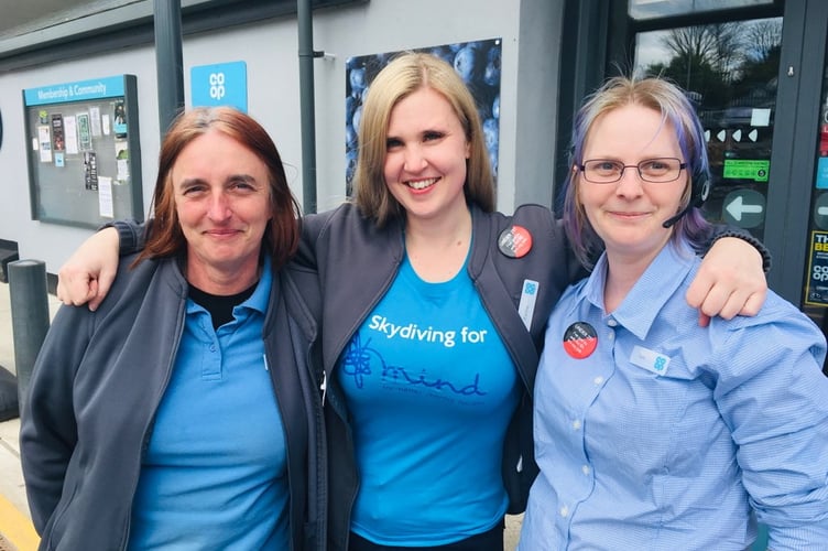 Sarah Yeoman from the Drakewalls store, Bere Alston Coop manager Kelly Turner and Drakewalls Coop’s Sam Elliott get ready for their skydive.