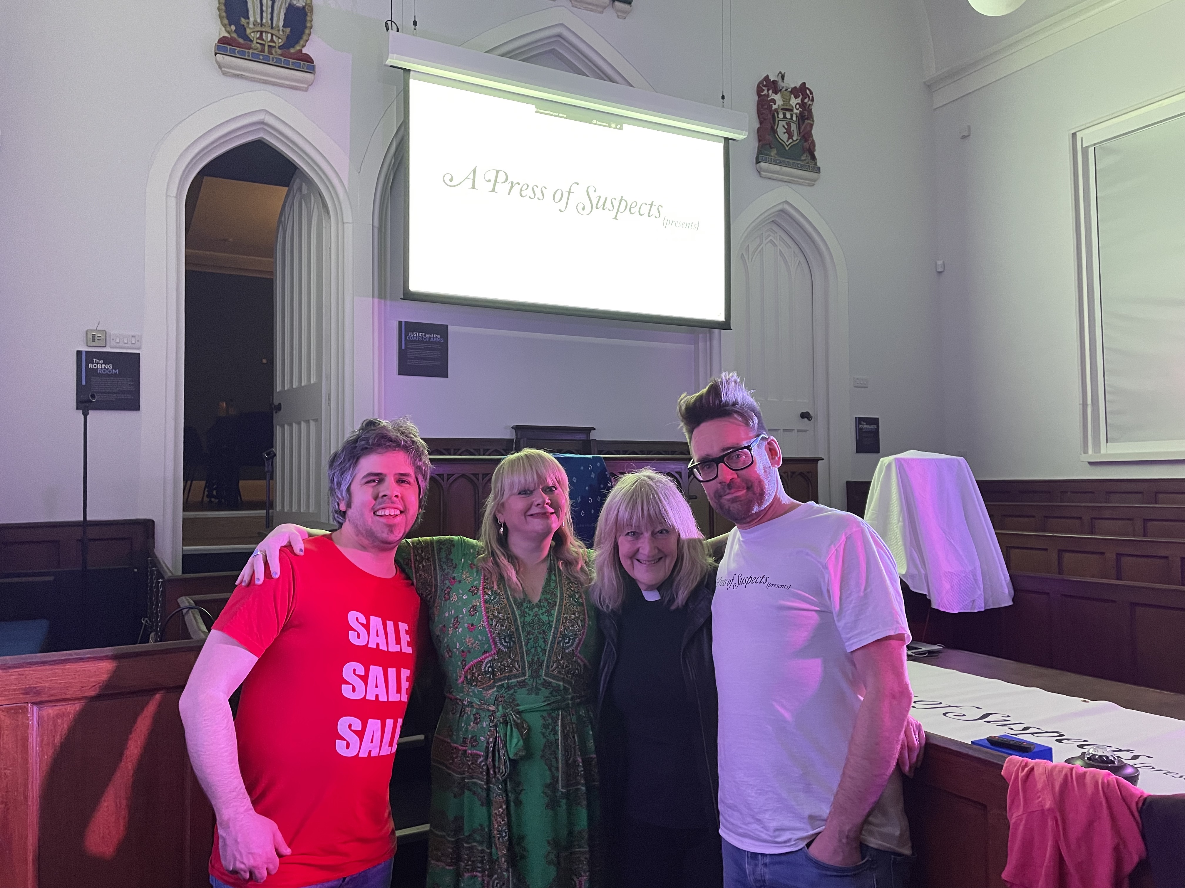 The first comedy night at the Courtroom in March. From left to right: ALF, Suzy Bennett, Maggy Whitehouse and host Willtordian Ballorian Edwardian