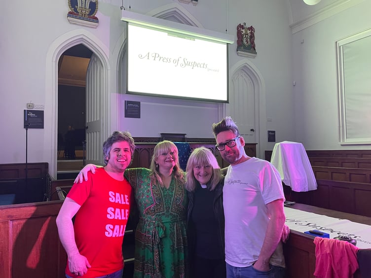 The first comedy night at the Courtroom in March. From left to right: ALF, Suzy Bennett, Maggy Whitehouse and host Willtordian Ballorian Edwardian