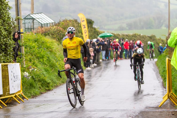 Noah Hobbs of Tekkerz CC winning the Ellerslie road race in wet conditions on Saturday afternoon from Utmost Isle of Man Junior Cycling Team member Zac Walker. Hobbs won the Junior Youth Tour overall with Walker third. The older riders were touching 50mph on the descent past Corvalley (Photos: Gary Jones/Manxman photos)