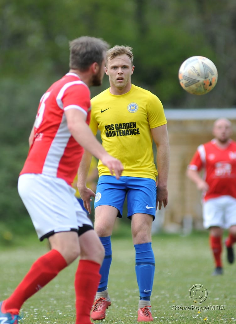 Action from Watts Blake Bearne’s South Devon Football League Premier Division clash with Meadowbrook Athletic on Saturday.