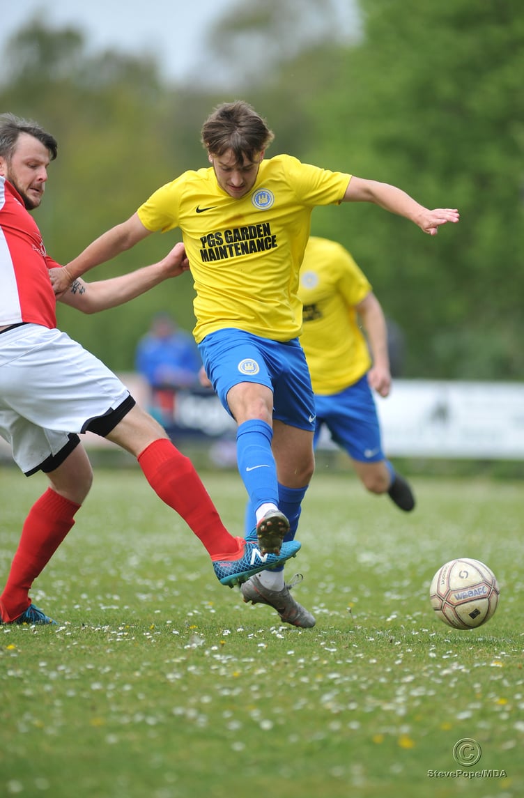 Action from Watts Blake Bearne’s South Devon Football League Premier Division clash with Meadowbrook Athletic on Saturday.