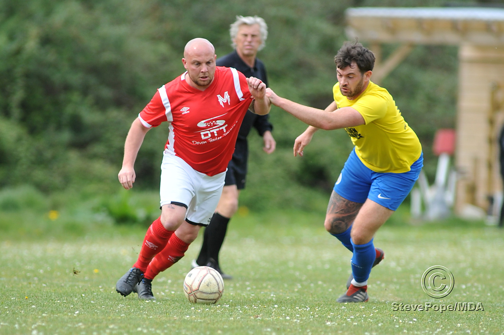 Action from Watts Blake Bearne’s South Devon Football League Premier Division clash with Meadowbrook Athletic on Saturday.