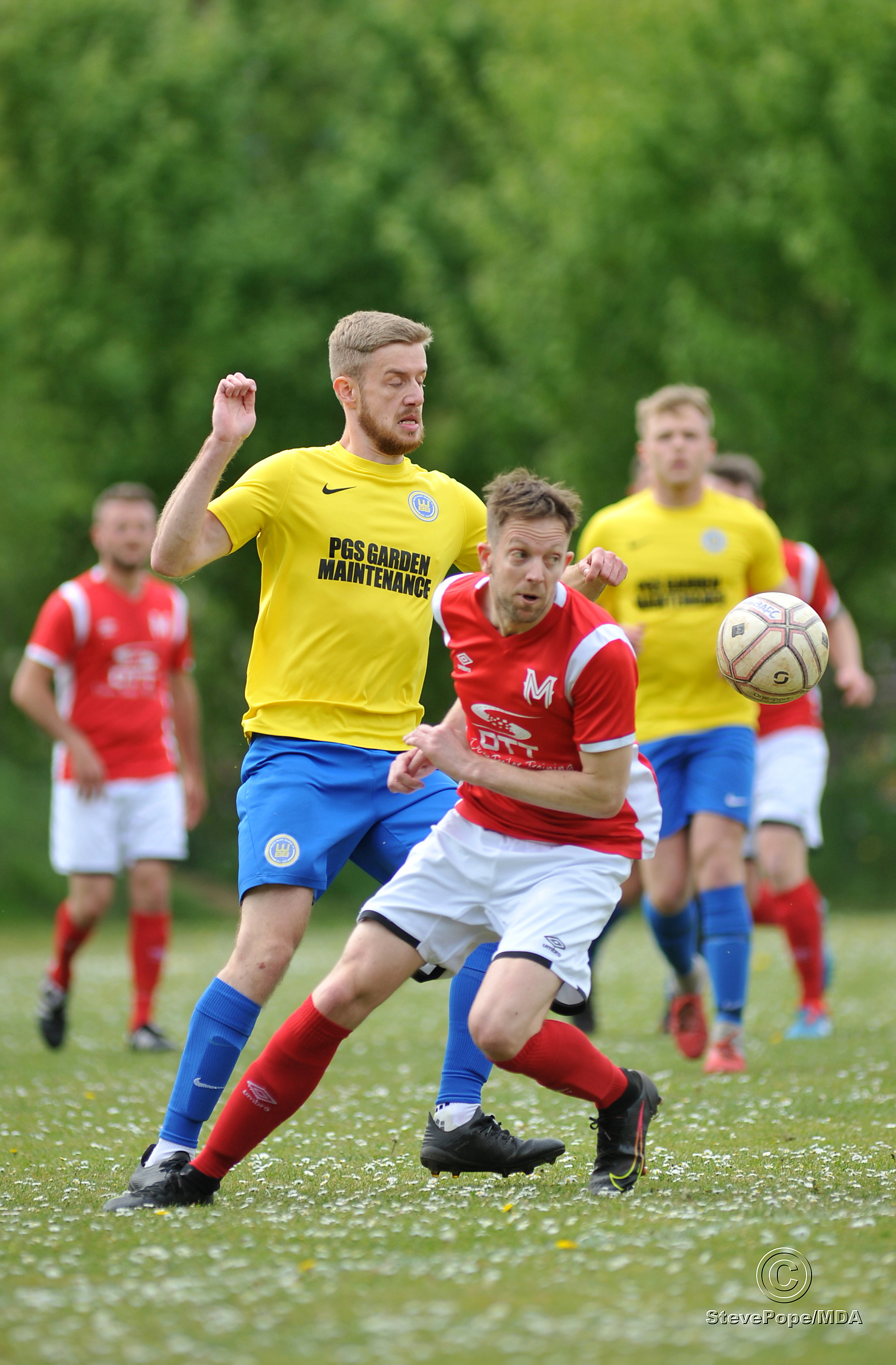 Action from Watts Blake Bearne’s South Devon Football League Premier Division clash with Meadowbrook Athletic on Saturday.