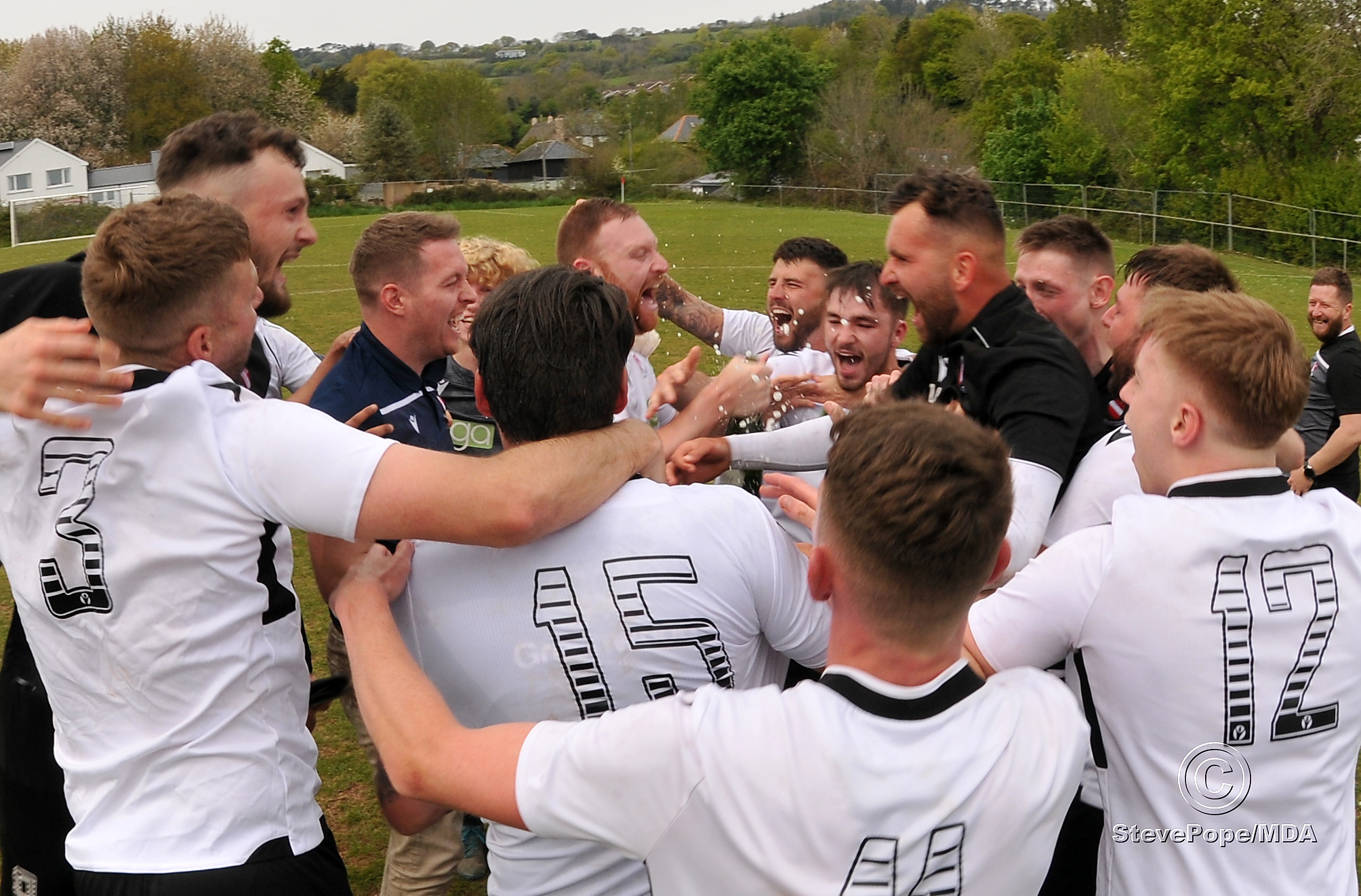 Action from Teignmouth’s clash with Plymstock United on Saturday – which saw the Teigns clinch the Devon Football League South & West title.