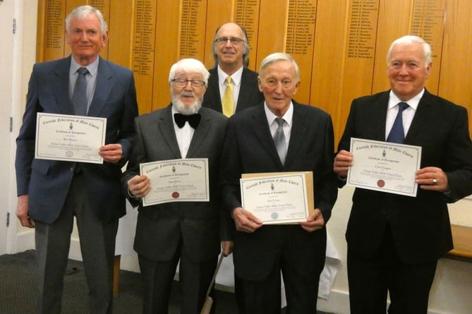 Members of TVMVC with their long service certificates: Left to right Ray Hinton, Bob Berry, Phil Taylor, Eric Cruse, Chris Leggatt.