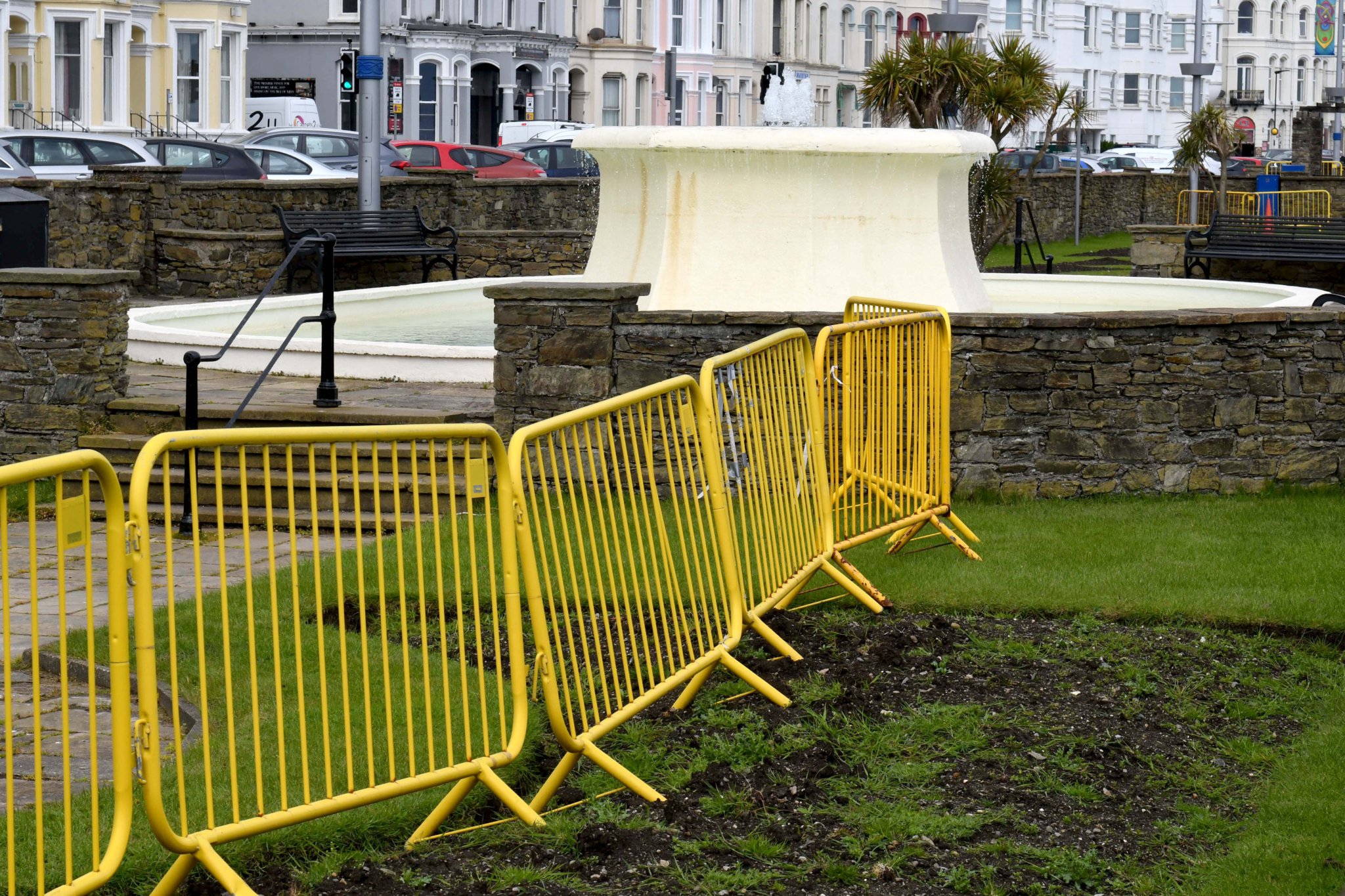 Barriers in use at the sunken gardens on Loch Promenade in Douglas -