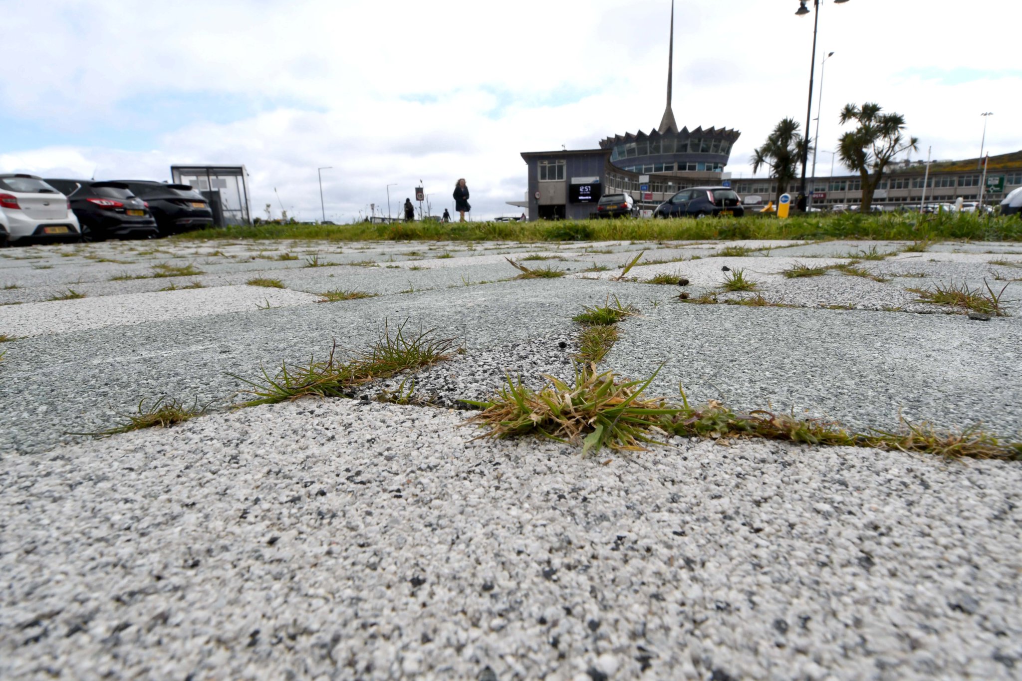 Weeds growing between new paving on Loch Promenade in Douglas -