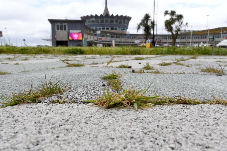 Weeds growing between new paving on Loch Promenade in Douglas -