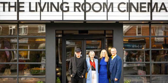 Opening night at The Living Room Cinema in Liphook, April 30th 2022. From left: Simon Curtis, Elizabeth McGovern, Claire Beswick and Hugh Bonneville.