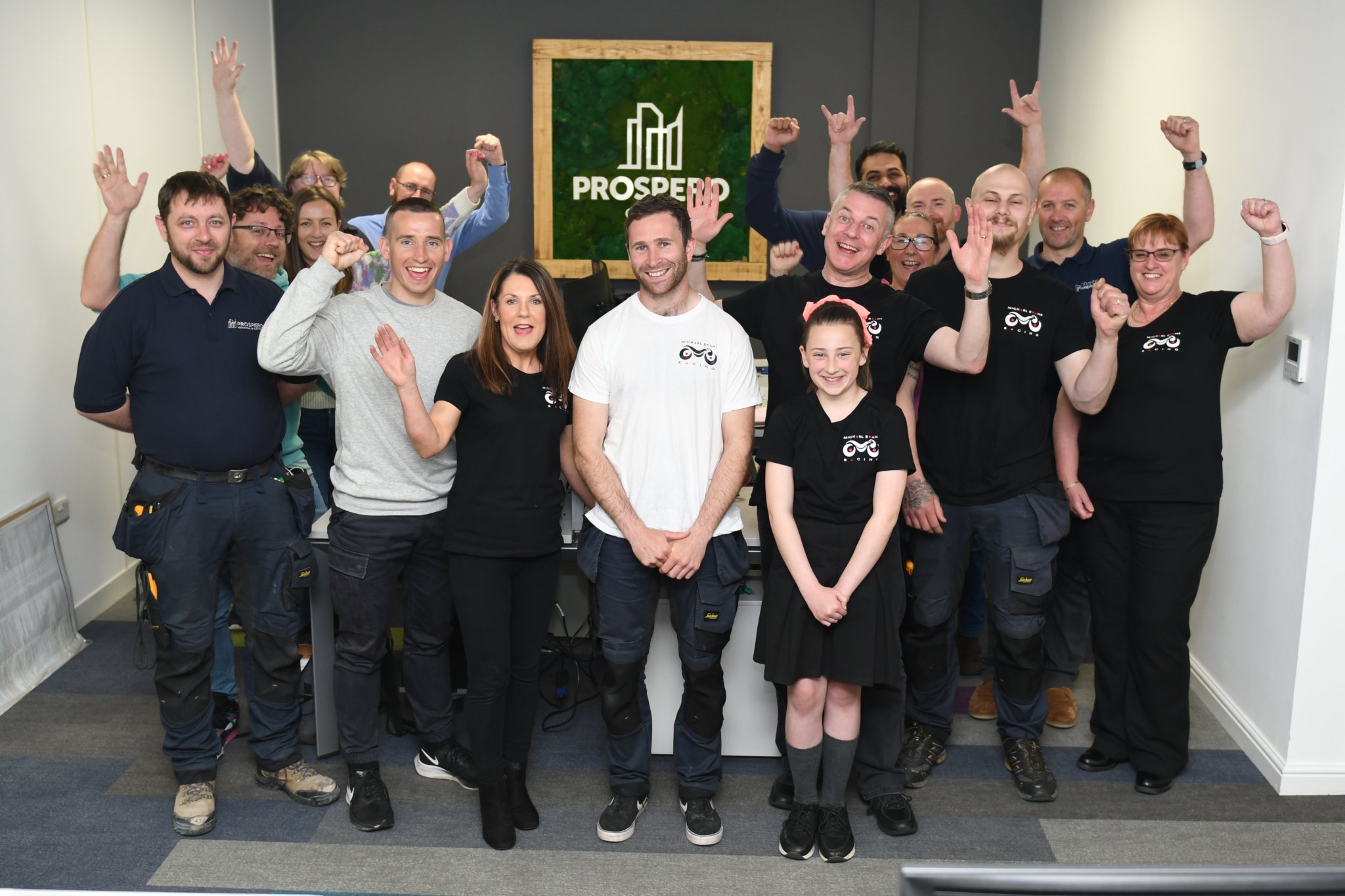 Mikey Evans (centre) is given a cheery good luck by all his work colleagues at Prospero Mechanical and Electrical, based in Tromode (DK220518 (43))