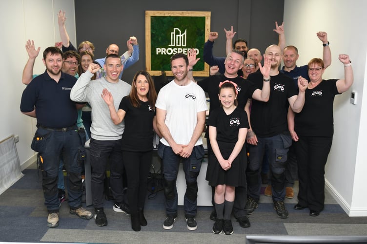 Mikey Evans (centre) is given a cheery good luck by all his work colleagues at Prospero Mechanical and Electrical, based in Tromode (DK220518 (43))