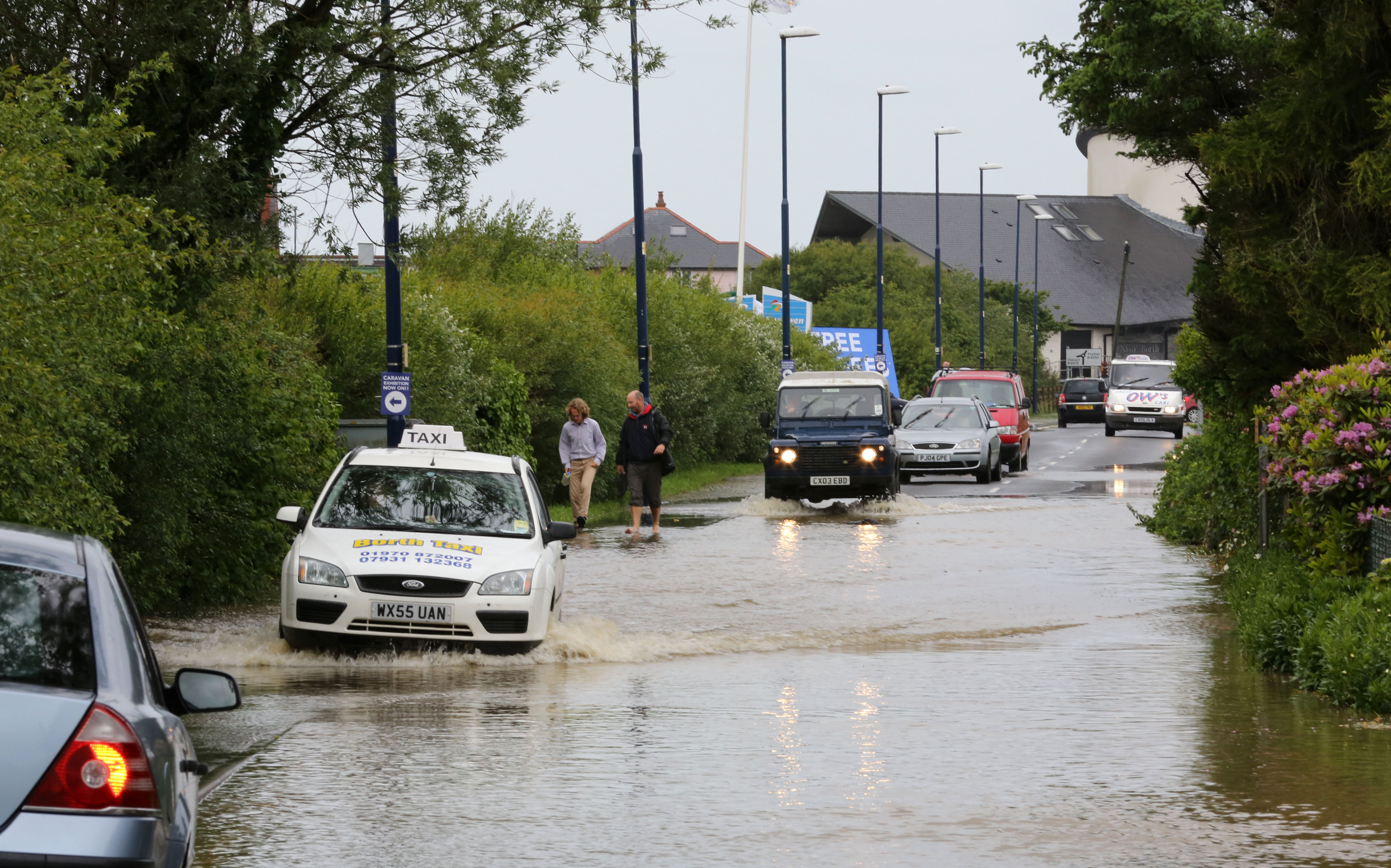 Flood water on the road heading to Borth
