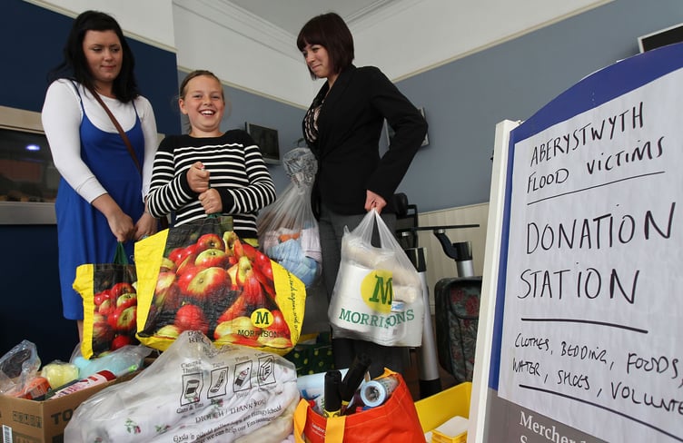 A donation station set up at Alexanders in Aberystwyth to support those hit by flooding