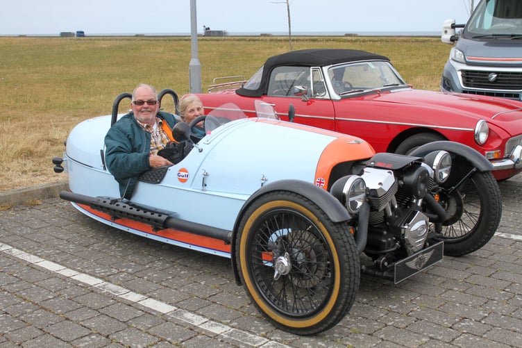 Tony & Lyndsay Davis visiting the Island as part of the The Morgan Three-Wheeler Touring Group. Photo by Callum Staley (CJS Photography)
