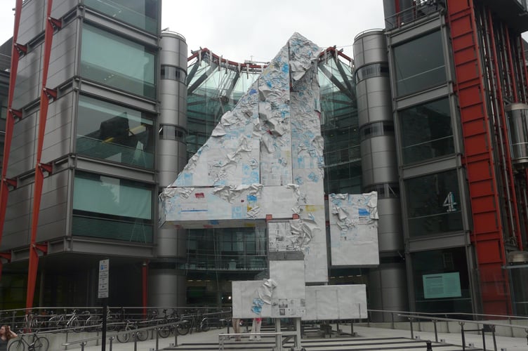 The Channel 4 logo, as an art sculpture, outside the Channel 4 headquarters.