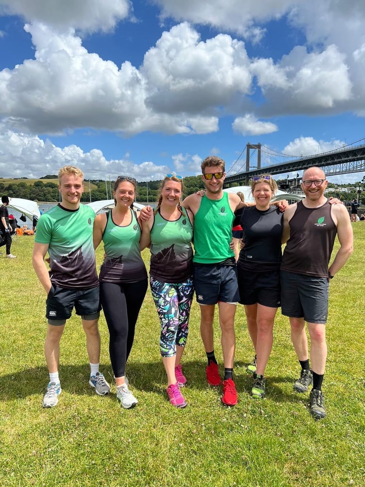 PICTURED ABOVE: The Mixed Open crew at Cotehele Quay. BELOW: Two of the Mixed Vets team, Kate and Becky, with their Cox Sam. BELOW LEFT: Full squad of the Mixed Vets crew that came third.