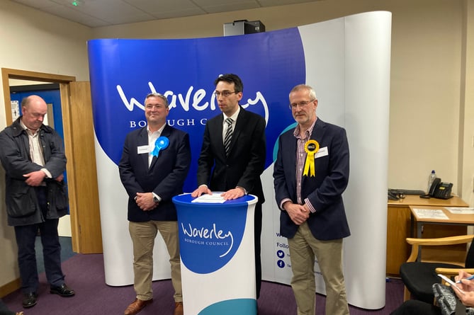 Tory candidate Ged Hall, returning officer Tom Horwood and Lib Dem victor Julian Spence