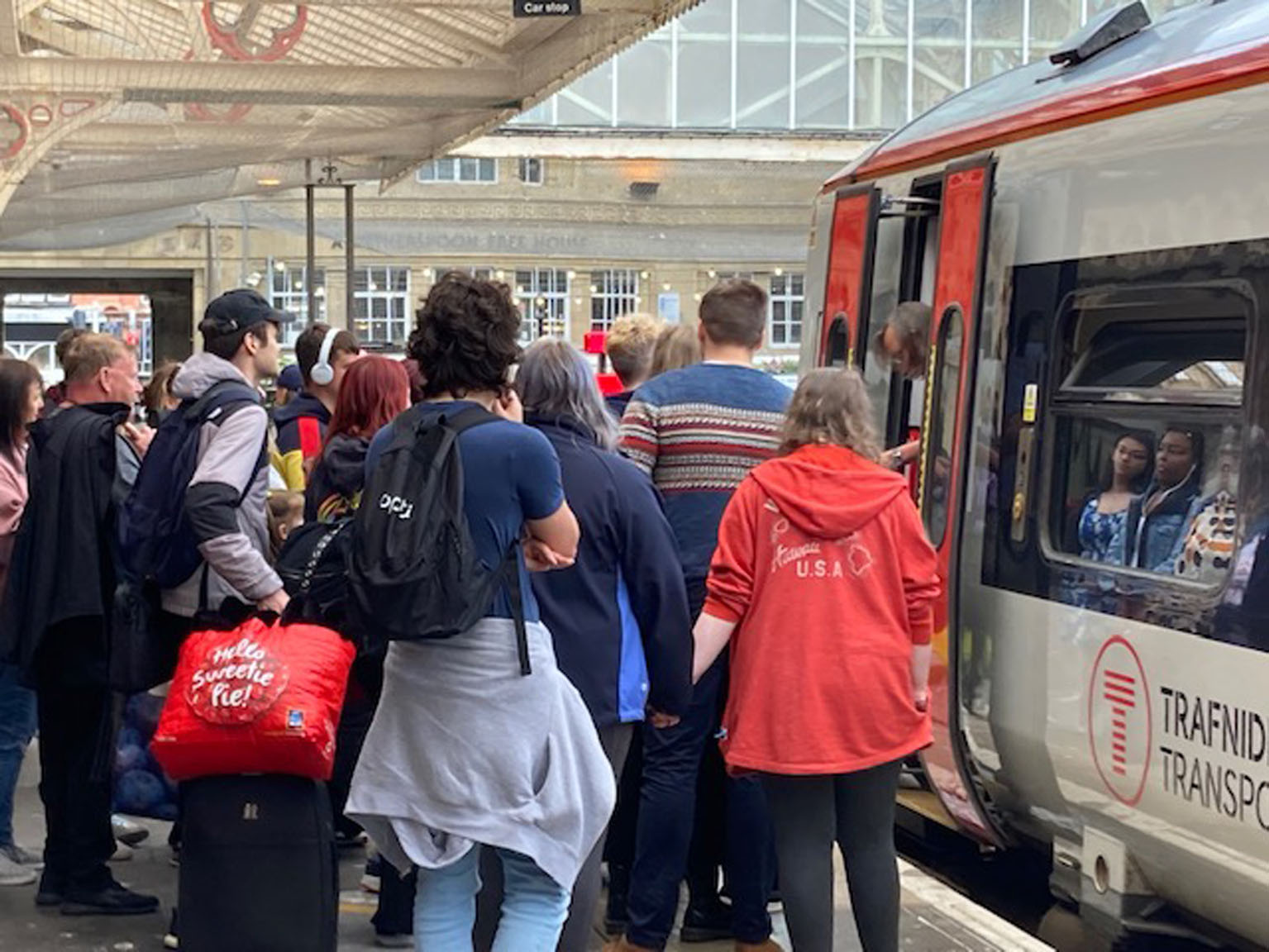 Crowded scenes as the 12.06 train from Birmingham International arrived in Aberystwyth on Friday, 1 July