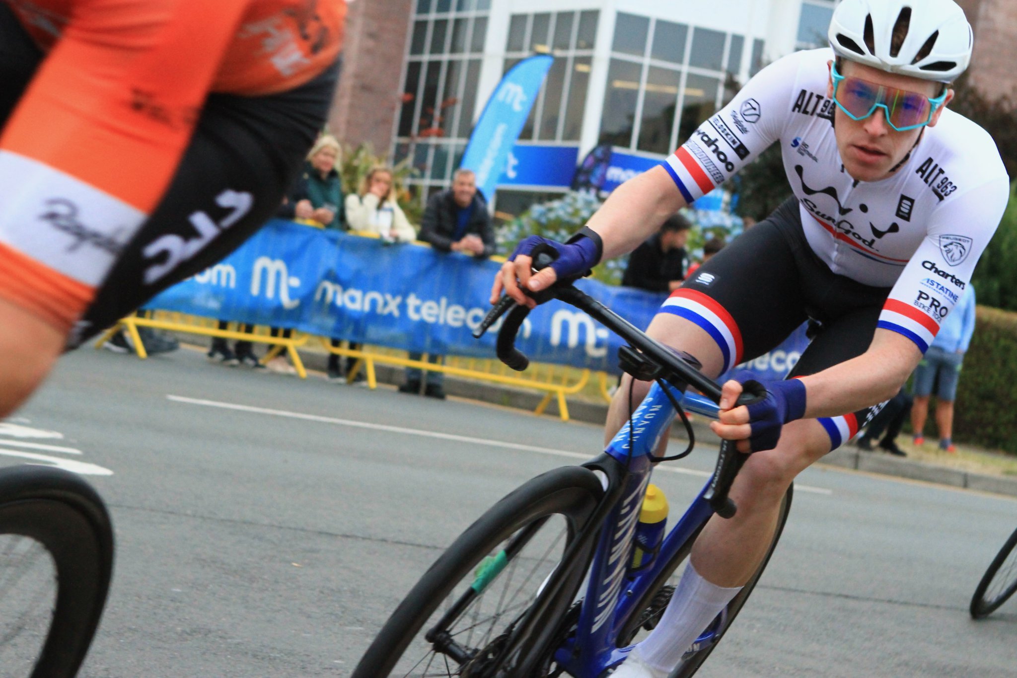 Wearing the British National Circuit Championship jersey, Matt Bostock on his way to winning the opening stage on Friday evening (Photo: Dave Norton)