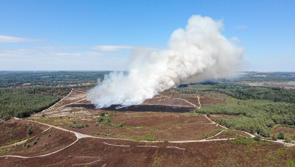 <p>An aerial view of the July 24, 2022, wildfire at Hankley Common, taken by a fire service helicopter</p>