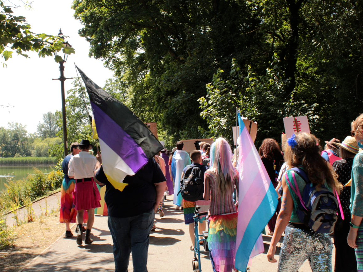Many flags were seen at the parade, including the non-binary flag (left) and transgender flag (right) as seen above