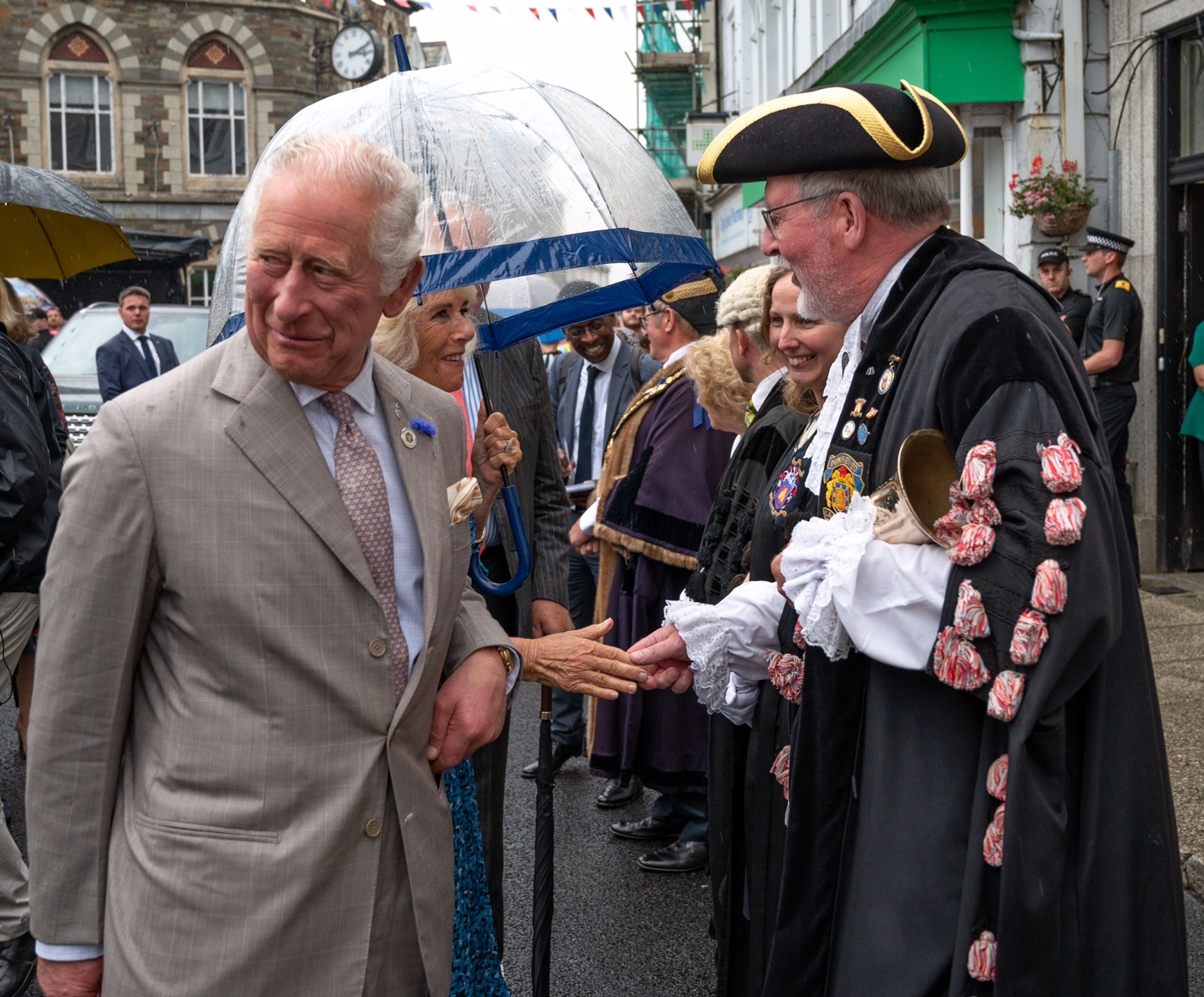Their Royal Highnesses The Duke & Duchess of Cornwall visited Launceston today and toured the local market featuring Cornish products. The rain showers didn’t dampen the spirit of the locals who turned out to welcome them. Pic:Mark Theisinger