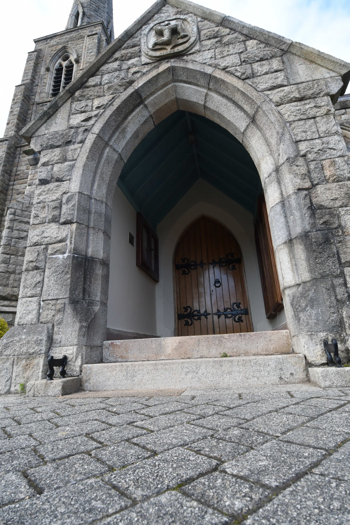 The stepped entrance to The Parish Church of St John the Baptist, The Royal Chapel, in St John’s also known as the Tynwald church -