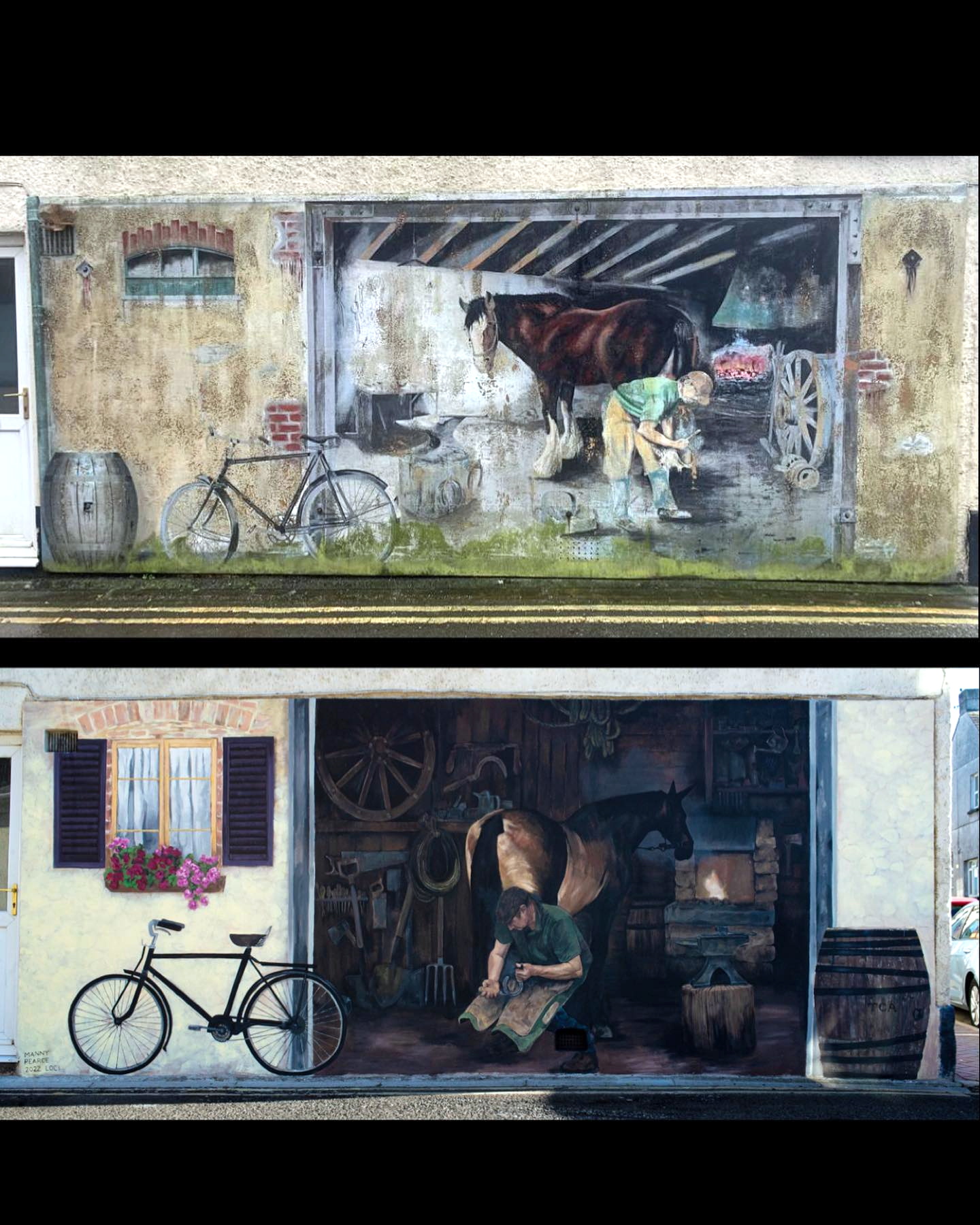 Manny Pearce (above) was commissioned to bring new life to this beloved mural (right)