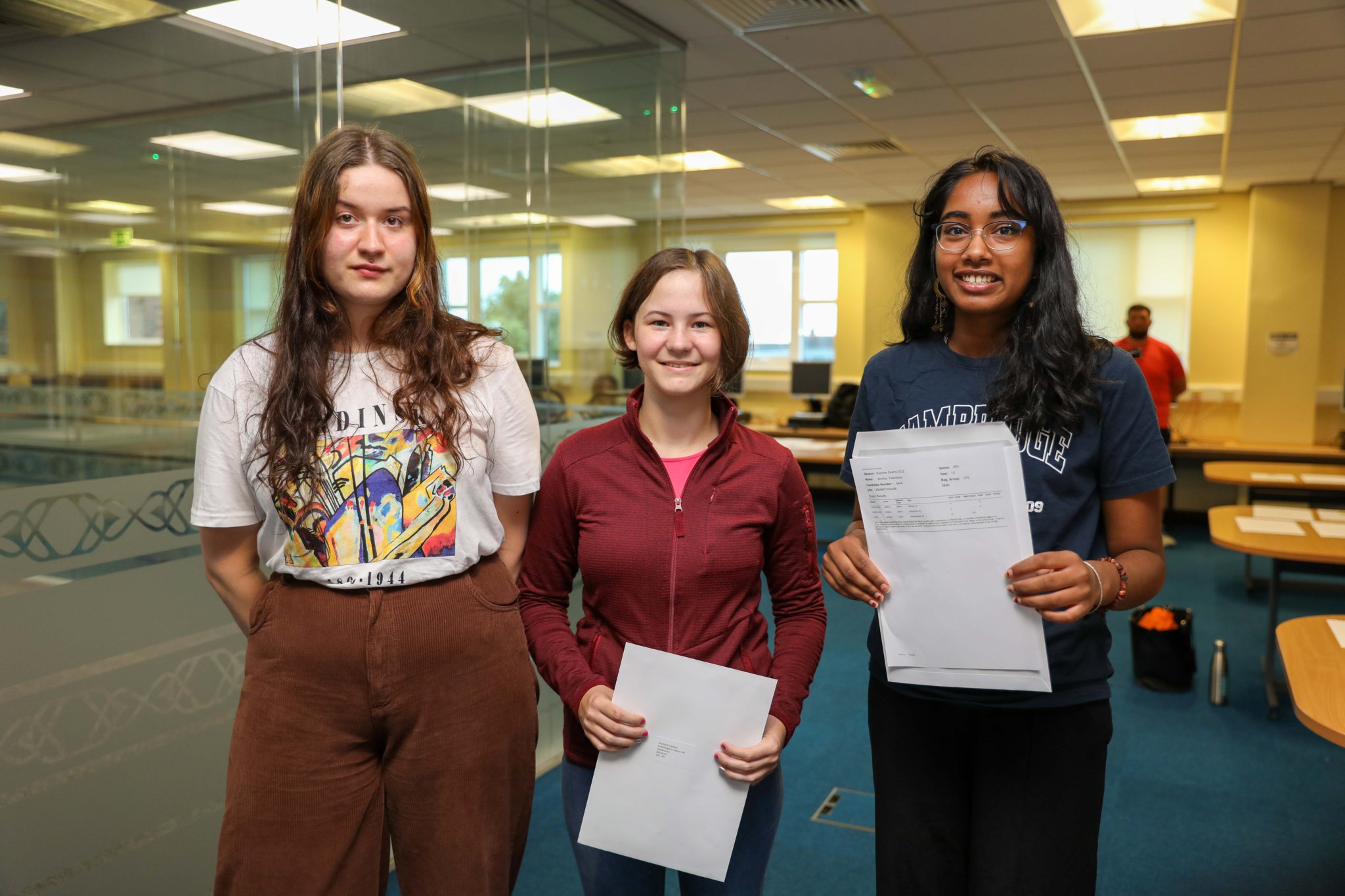 Ballakermeen High School A Level Results. Julie Kostorz, Charlotte Crichton & Brintha Yasodaran. Photo by Callum Staley (CJS Photography)