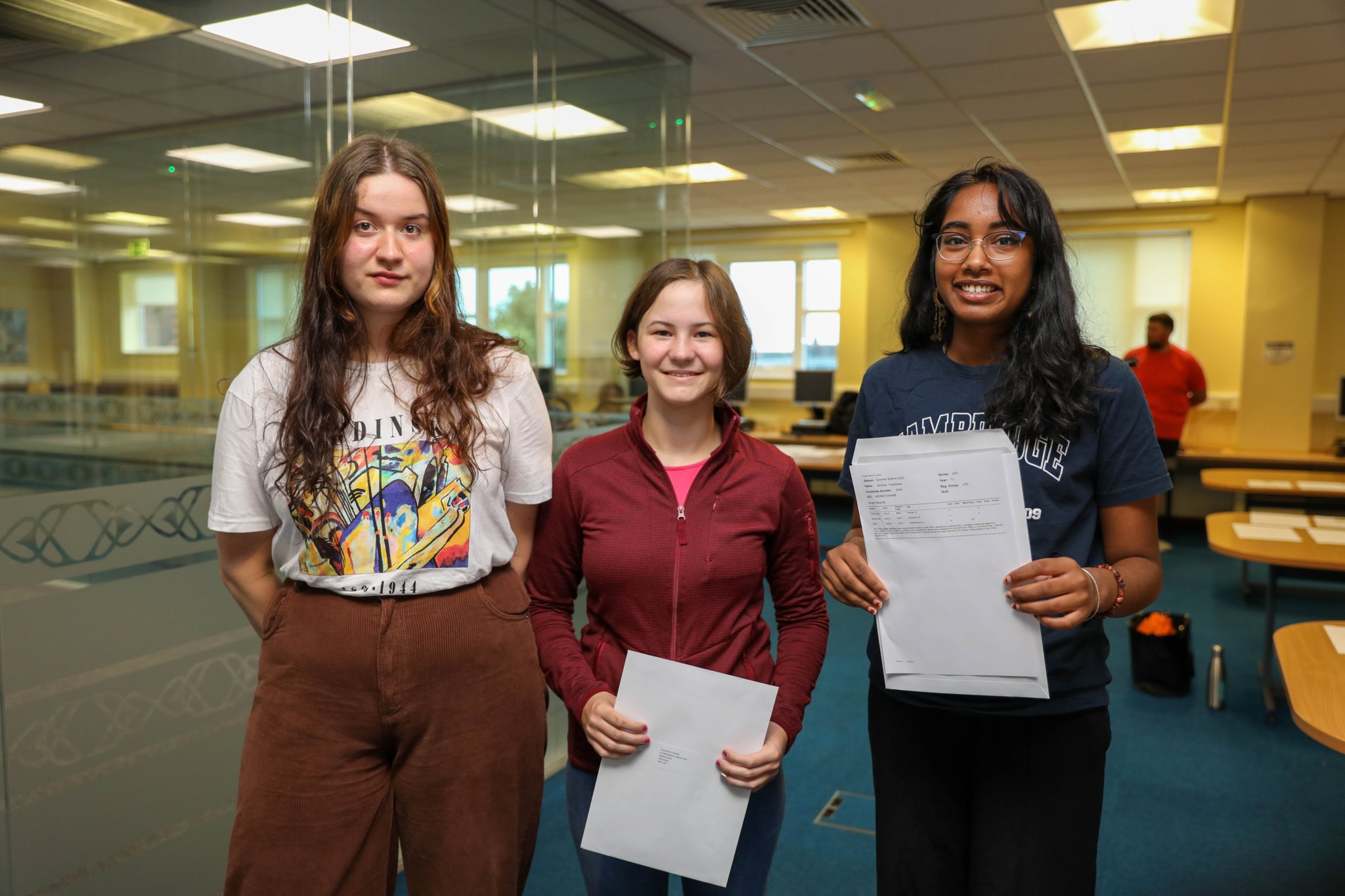 Ballakermeen High School A Level Results. Julie Kostorz, Charlotte Crichton & Brintha Yasodaran. Photo by Callum Staley (CJS Photography)