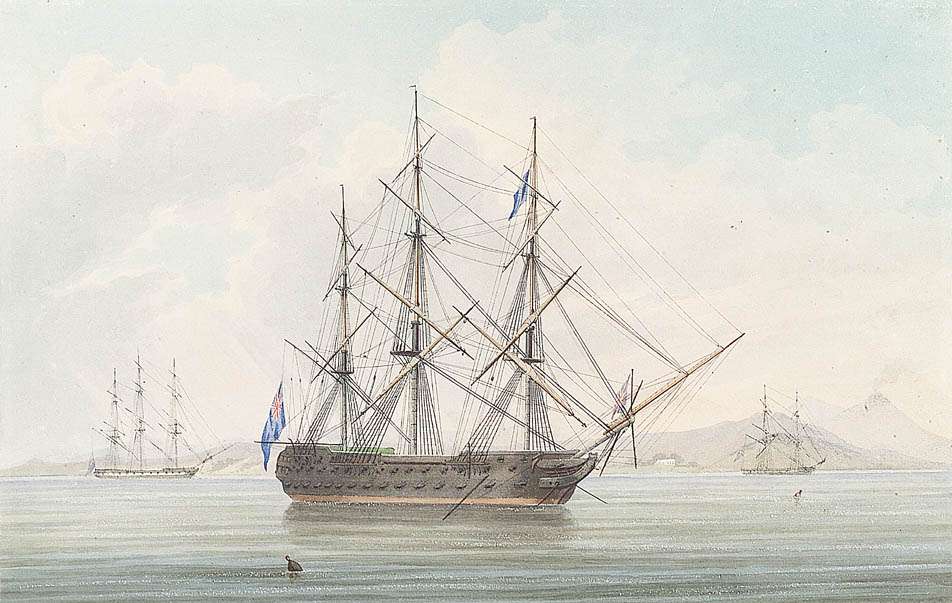 HMS Racehorse alongside HMS Revolutionnaire and HMS Rochefort in the bay of Naples
