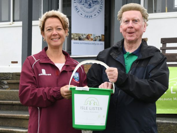 Isle of Man Law Society’s 24 hour ‘wig walk’ at King William’s College in aid of Isle Listen and the society’s own charity People in Need - pictured is Kathryn Clough (society president) and Robert Jelski (longstanding advocate and trustee of People in Need)