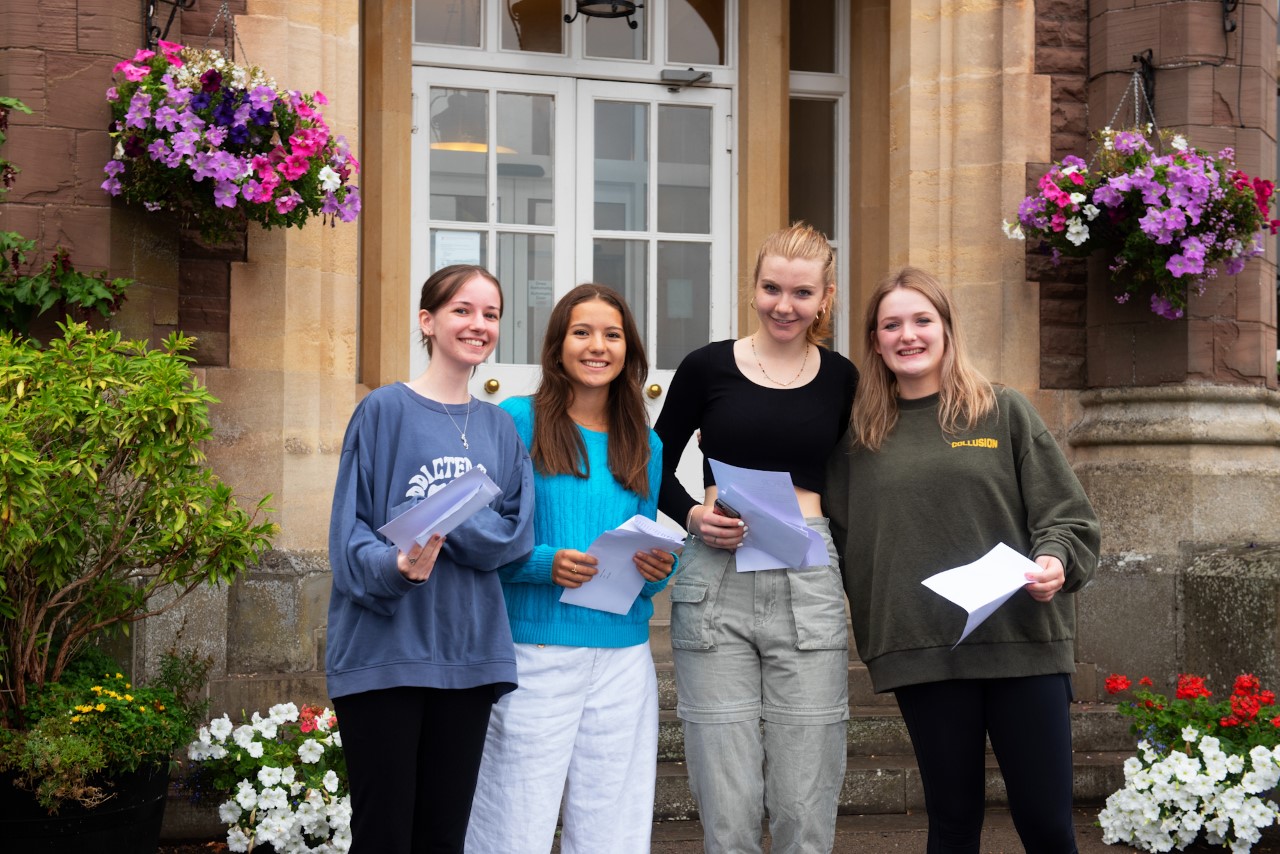 MSG students (from left): Ross-on Wye student Eleanor Moore; Daniela Waters from Chepstow; Coleford’s Lily Salter; and Georgia Carpenter, who lives near Monmouth, celebrate GCSE results.