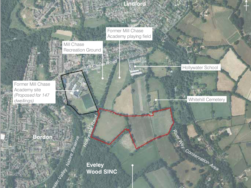 <p>Hampshire’s plans revealed the site of the proposed SANG circled red, south of the Mill Chase housing site</p>
