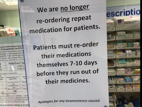 A notice was posted in the window of the High Street branch last week confirming it is now down to patients to ask their surgery to re-order medication a week before it is needed
