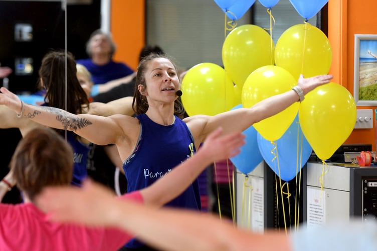 Instructor Donna Whalley leads a Paracise class at Carrefour gym, raising money for Hands of Hope’s Ukraine appeal -