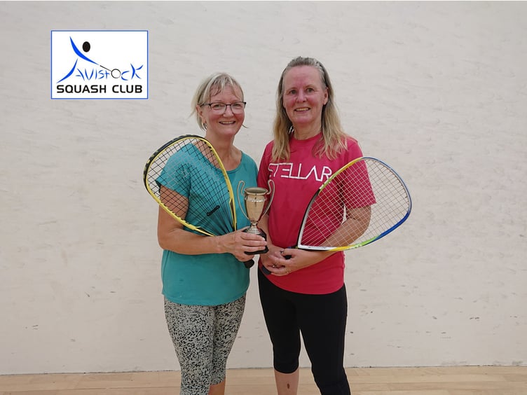 Ben Coleman (back row, third from right) with members of Tavistock Squash Club. INSET: Jane and Wendy Savage.
