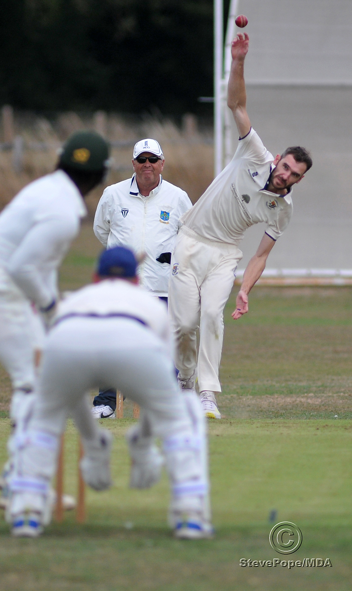 Photo: Steve Pope MDA030922F_SP001 Tolchards Devon Cricket League B Division. Chudleigh versus Clyst St George. Chudleigh's Will Heather hurls down a delivery