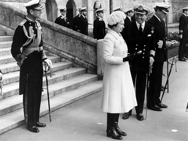 The Queen and Prince Philip at BRNC on 2 April 1980
