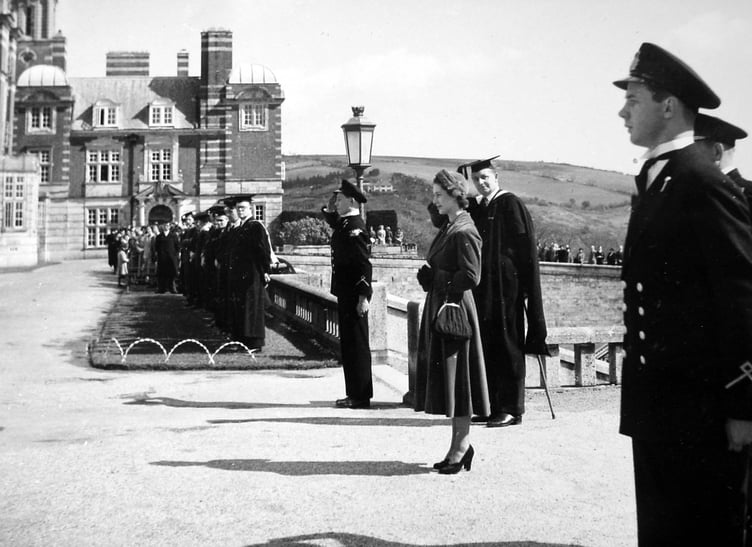 Her Majesty The Queen attending the Britannia Royal Naval College Pass Out Parade June 1949