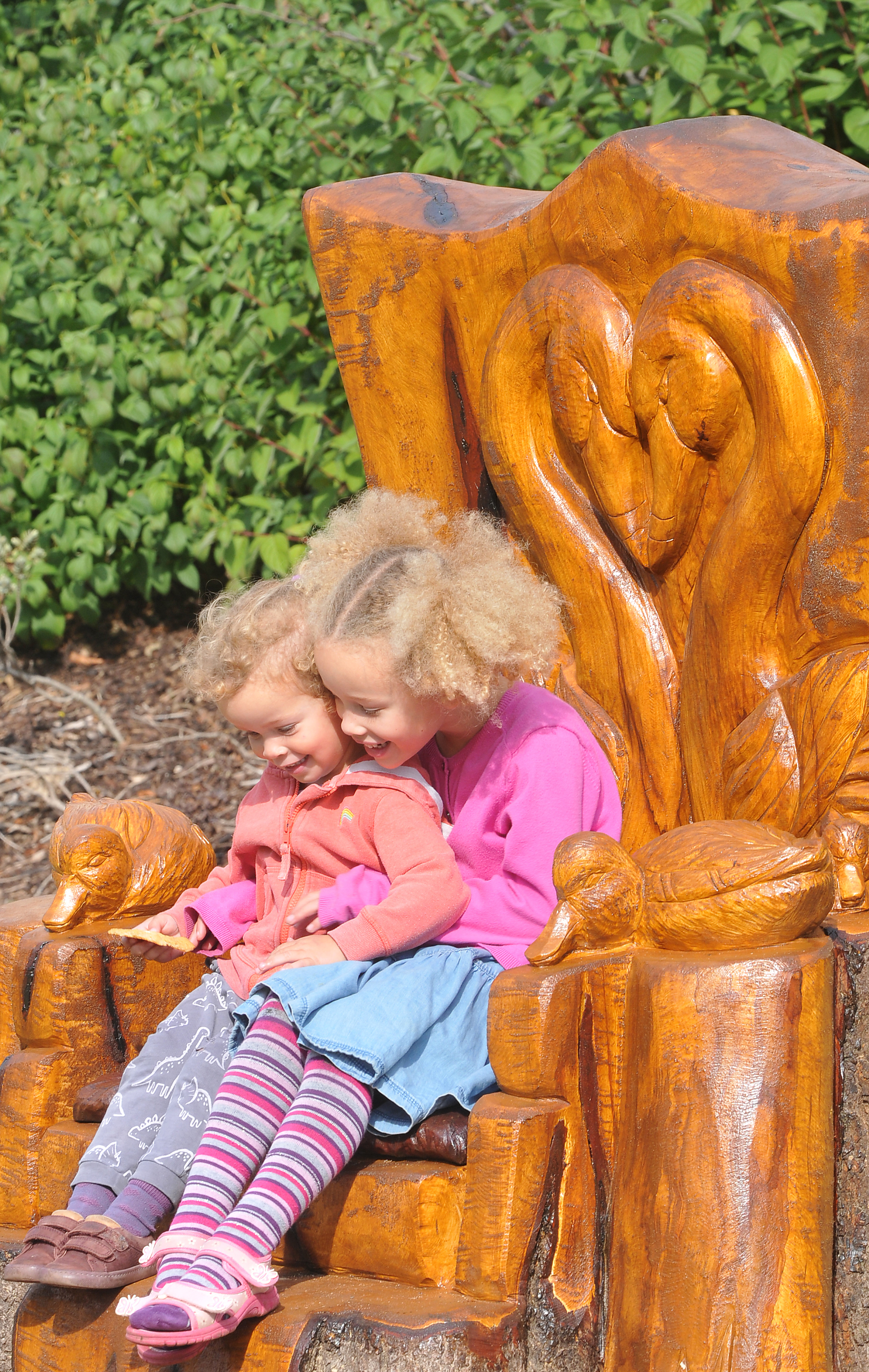 Photo: Steve Pope MDA200922A_SP0021 Official unveiling of Dawlish swan throne on The Lawn. Dawlish youngsters Imani and Nahla Charles try out the throne.