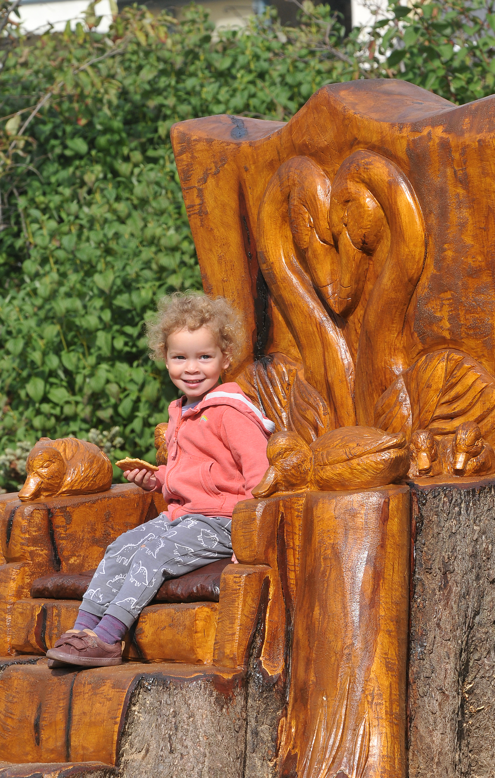 Photo: Steve Pope MDA200922A_SP003 Official unveiling of Dawlish swan throne on The Lawn. Two-and-a-half year old Imani Charles from Dawlish tries out the new seating